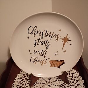 Hobby Lobby, Holiday Plate, "Christmas Starts With Christ", Ceramic, White/Gold